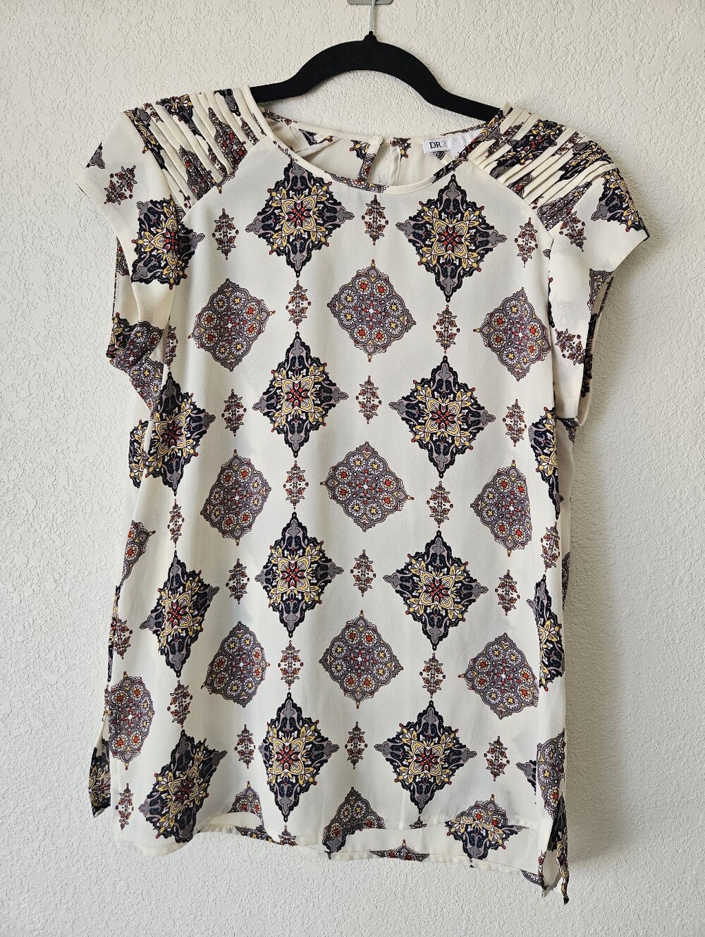 DR2 Cream Blouse with Navy and Burgundy Medallion Print